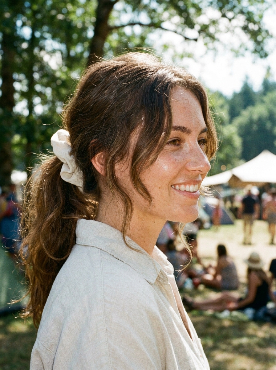 Tiefer Ponytail mit Scrunchie als Festival Frisuren Inspiration 2026